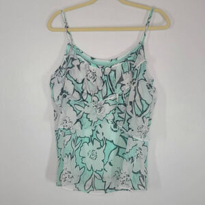 New York & Company Cami Tank Top Women's Size L Green White Floral Ruffle Front